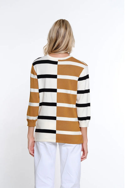 MULTIPLES - STRIPE MIDNIGHT NAVY / TAN SWEATER- M15304KM