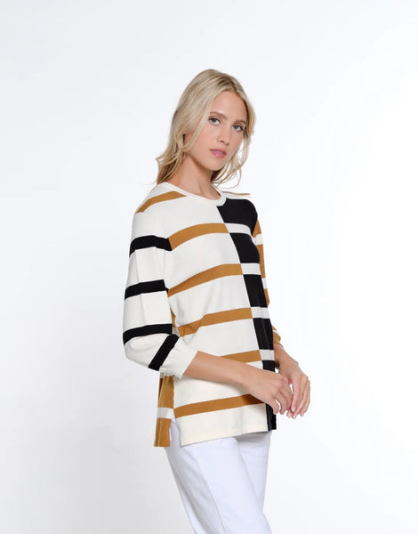 MULTIPLES - STRIPE MIDNIGHT NAVY / TAN SWEATER- M15304KM