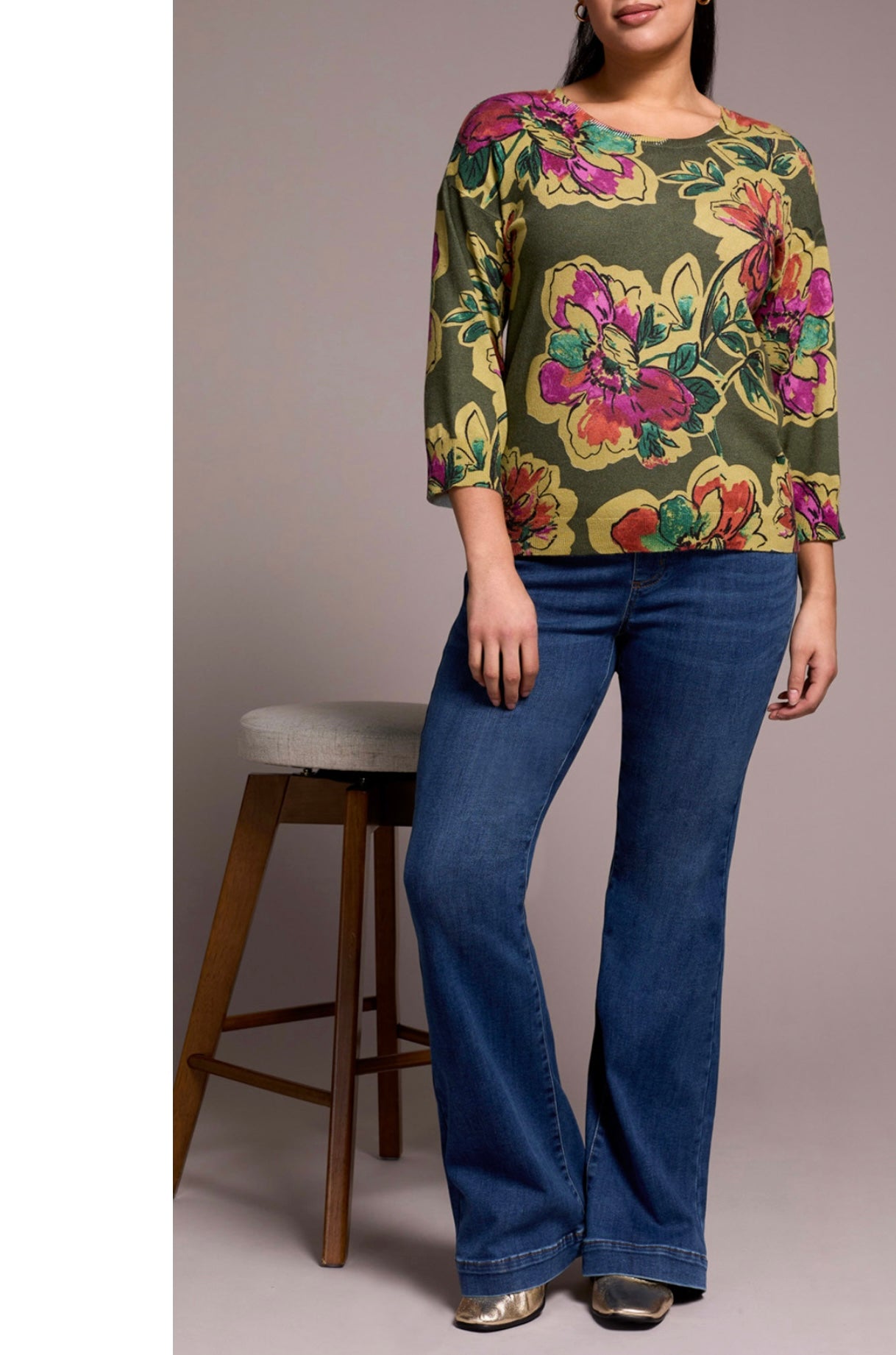 TRIBAL - SOFT YARN 3/4 SLEEVE SWEATER - 2175O-8169- CHIVE