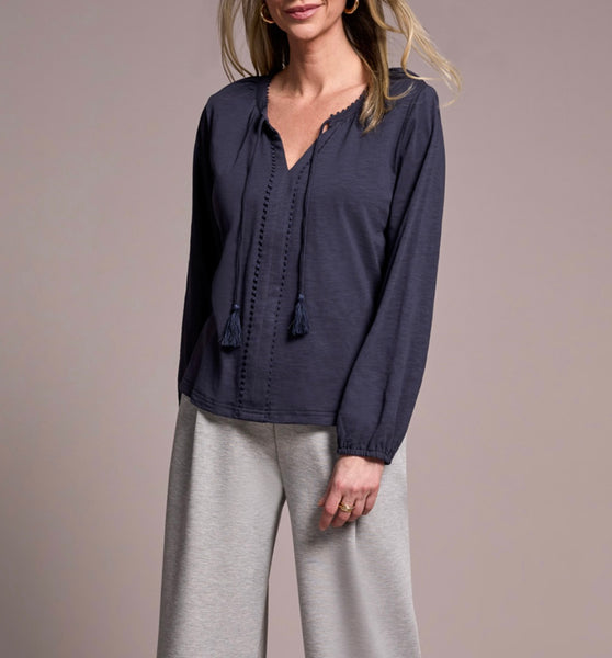TRIBAL - SPLIT NECK COTTON TOP  W/ TASSEL - 2232O-8168 - 3 Colours