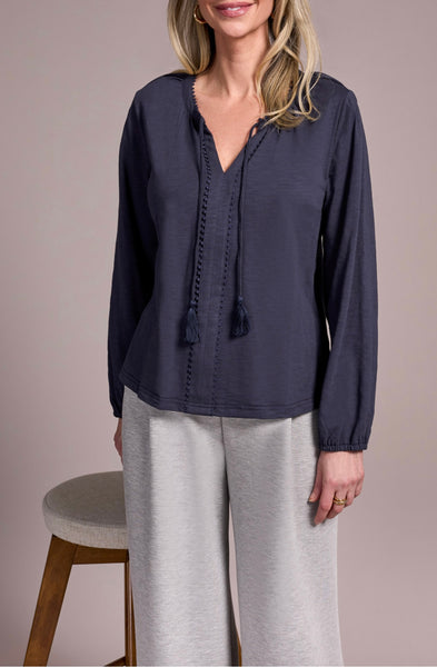 TRIBAL - SPLIT NECK COTTON TOP  W/ TASSEL - 2232O-8168 - 3 Colours