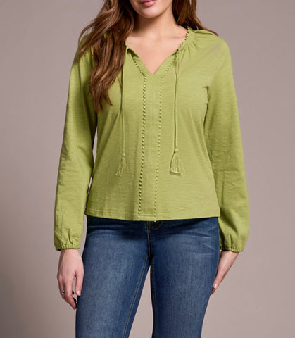 TRIBAL - SPLIT NECK COTTON TOP  W/ TASSEL - 2232O-8168 - 3 Colours