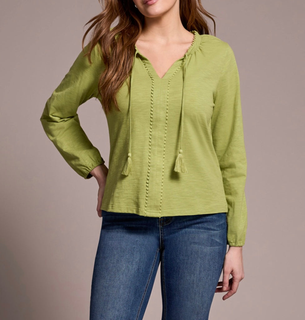 TRIBAL - SPLIT NECK COTTON TOP  W/ TASSEL - 2232O-8168 - 3 Colours