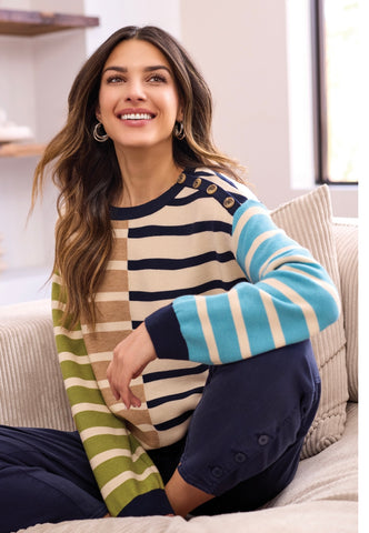 TRIBAL - STRIPE COMBO SWEATER W/ BUTTON DETAIL - 2364O-8307