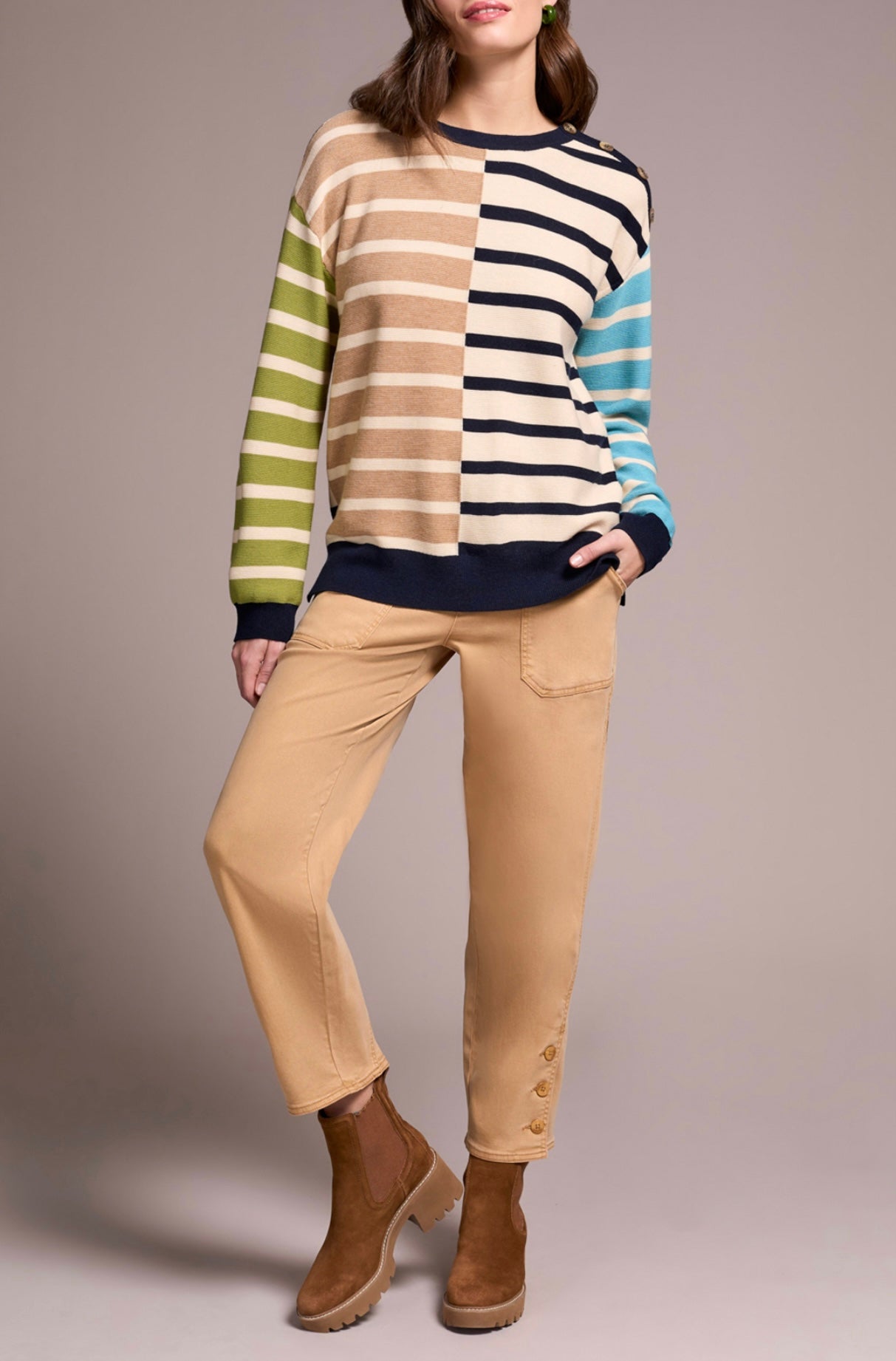TRIBAL - STRIPE COMBO SWEATER W/ BUTTON DETAIL - 2364O-8307