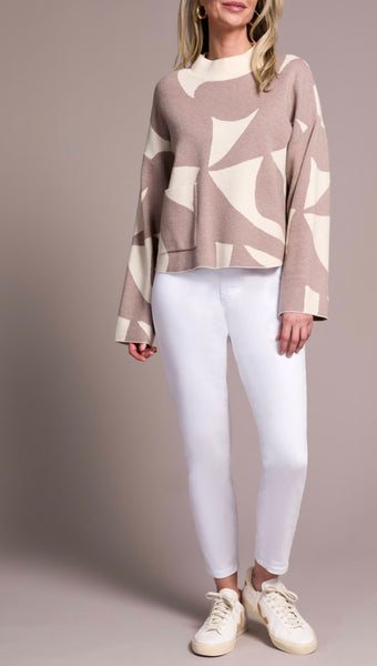 TRIBAL - MOCK NECK PRINT SWEATER W/ POCKET - 2315O-8277