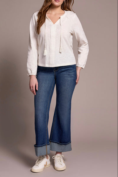 TRIBAL - SPLIT NECK COTTON TOP  W/ TASSEL - 2232O-8168 - 3 Colours