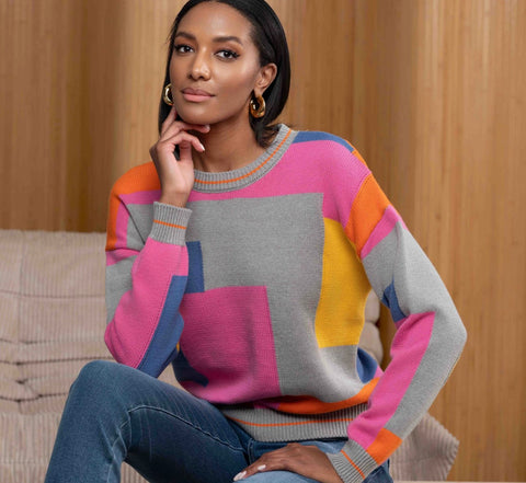 ALISON SHERI - CREW NECK COLOUR BLOC SWEATER - A46108