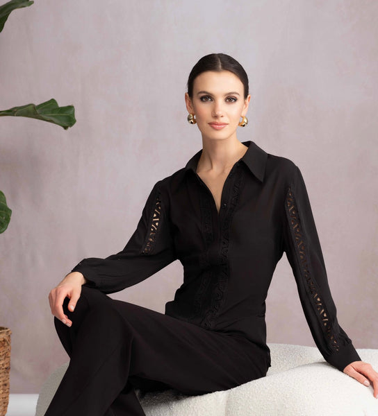 ALISON SHERI - LACE TRIMMED SILKY BLOUSE - A46408 - 2 Colours
