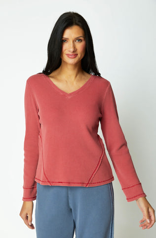 ESCAPE - WAFFLE KNIT WRAP SEAMED V NECK TOP - E26537
