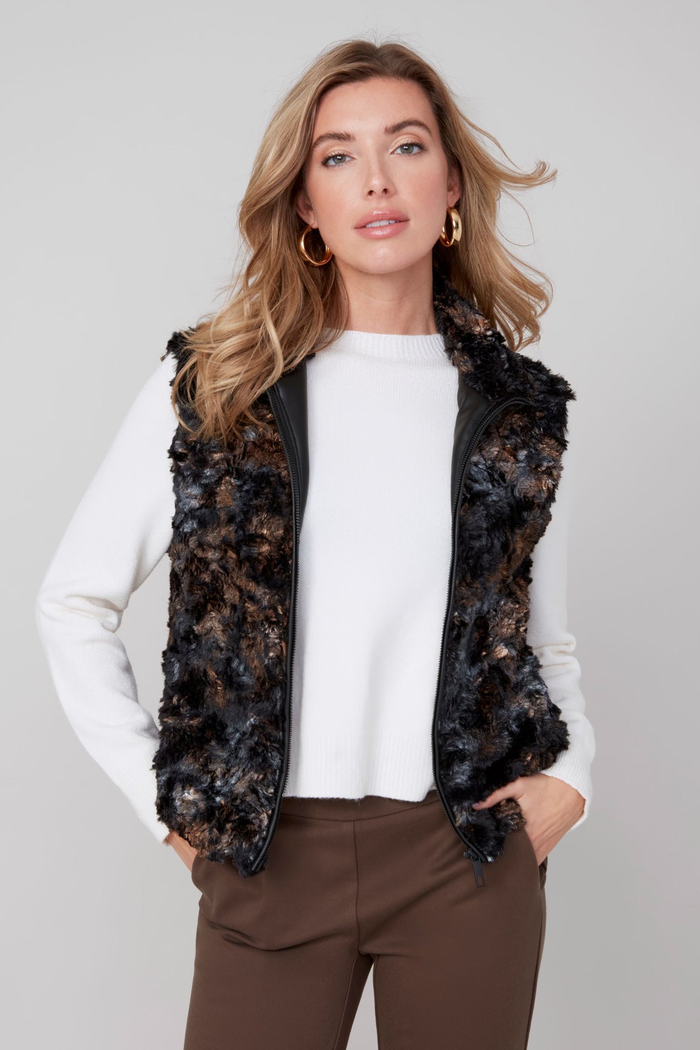 RENUAR - FOILED BRONZE COMBO - FAUX FUR ZIP VEST - R3879L-E3074