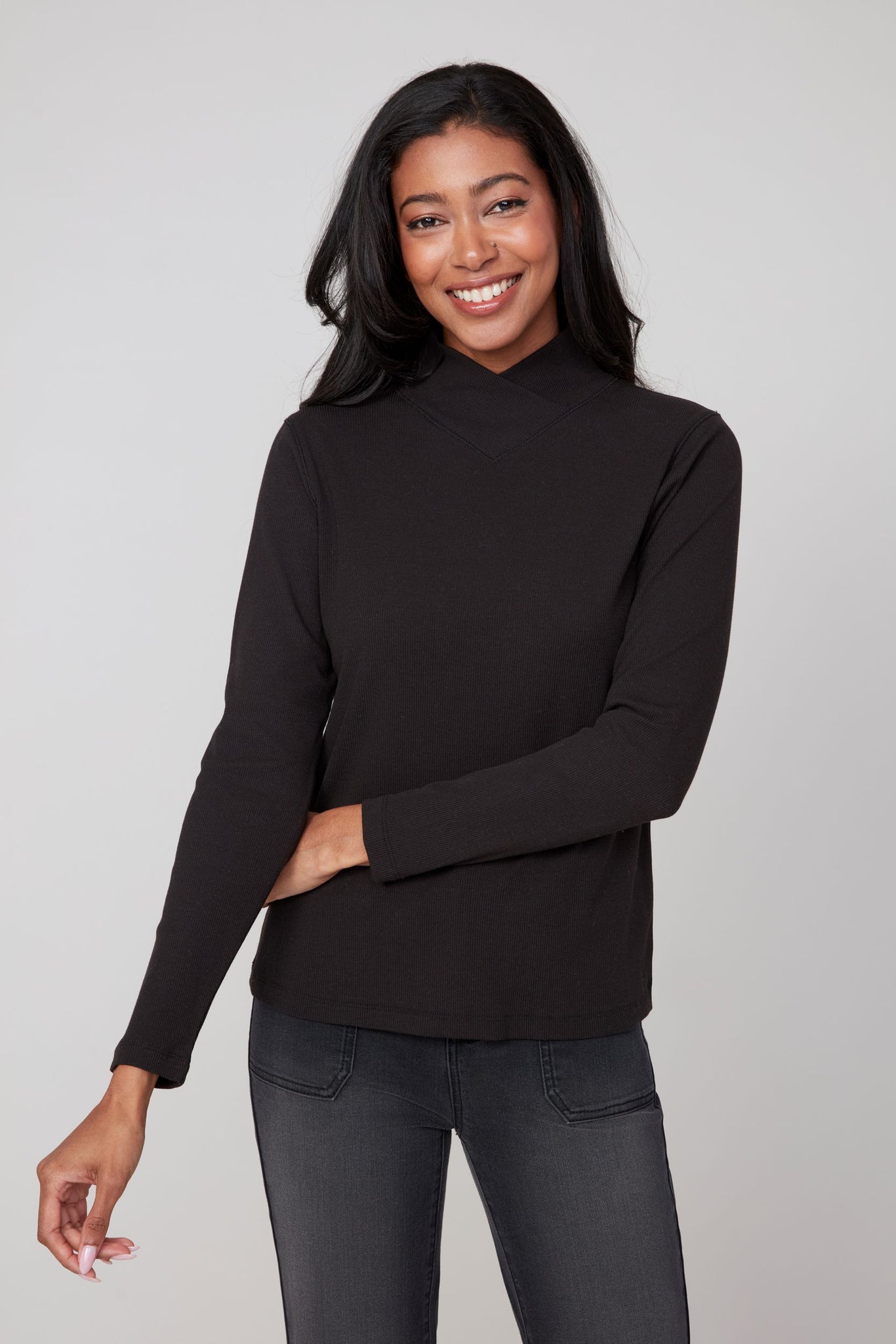 RENUAR- COMFY RIB CROSSOVER MOCK NECK TOP - R7801-60K