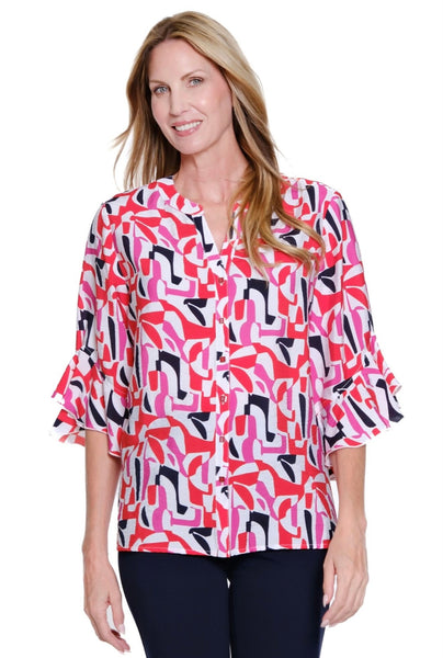 MULTIPLES - ELBLOW LENGTH FLOUNCE SLEEVE PRINT BLOUSE - M16601