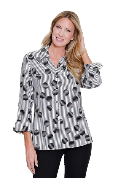 MULTIPLES - STRIPES / DOTS 3/4 SLEEVE SHIRT - M16112 - BLACK/WHITE