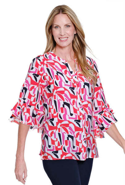 MULTIPLES - ELBLOW LENGTH FLOUNCE SLEEVE PRINT BLOUSE - M16601