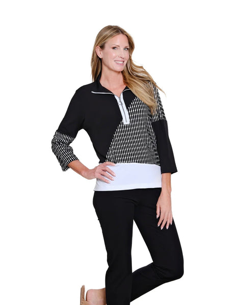 MULTIPLES - 1/4 ZIP MULTI PRINT BLACK / WHITE  TOP - M16411