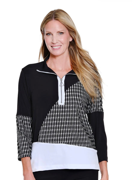 MULTIPLES - 1/4 ZIP MULTI PRINT BLACK / WHITE  TOP - M16411
