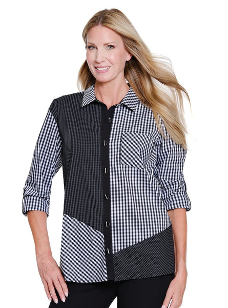 MULTIPLES - BLACK / WHITE PLAID CHECK 3/4 SLEEVE SHIRT - M16402