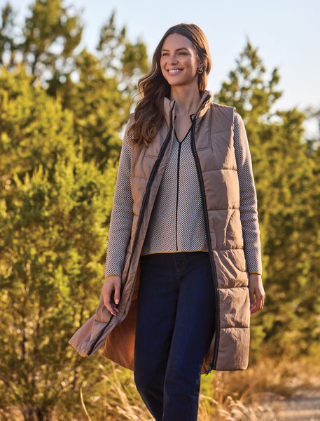 TRIBAL - LONG ZIP FRINT QUILTED VEST  - 2314O-3823 - 3 Colours