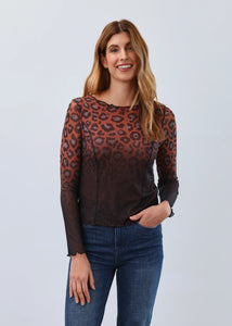 FDJ - LEOPARD LONG SLEEVE BOAT NECK MESH TOP - 3613603