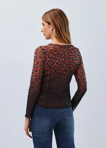 FDJ - LEOPARD LONG SLEEVE BOAT NECK MESH TOP - 3613603