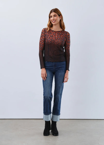 FDJ - LEOPARD LONG SLEEVE BOAT NECK MESH TOP - 3613603