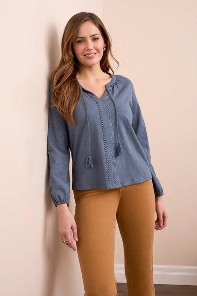 TRIBAL - SPLIT NECK COTTON TOP  W/ TASSEL - 2232O-8168 - 4 Colours