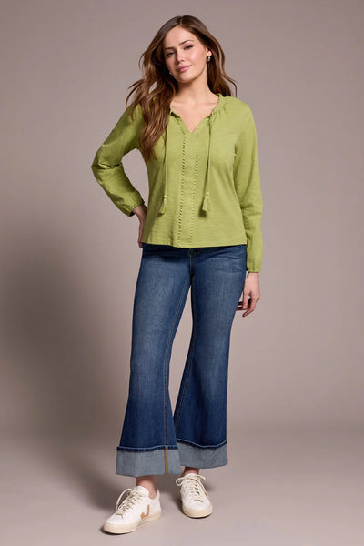 TRIBAL - SPLIT NECK COTTON TOP  W/ TASSEL - 2232O-8168 - 4 Colours