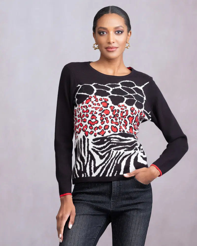 ALISON SHERI- CREW NECK MULTI-PRINT SWEATER - A46472