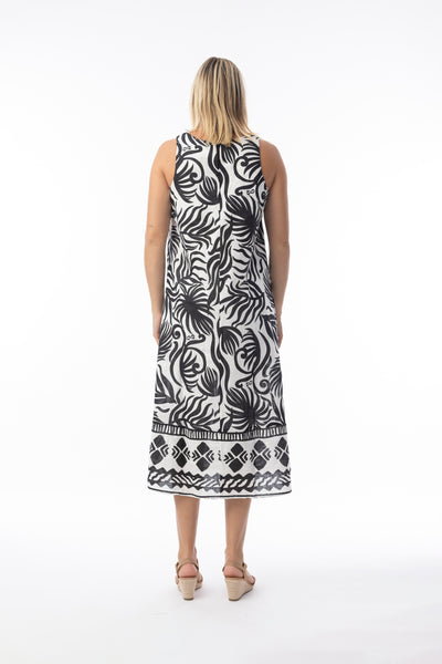 ORIENTIQUE - SURINAME BLACK / WHITE BORDER PRINT DRESS-40175