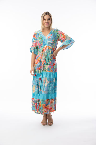 ORIENTIQUE - MALIVINAS PRINT TIE WAIST MAXI DRESS -30177