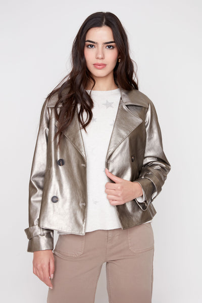 RENUAR- METALLIC PLEATHER SHORT TRENCH JACKET - R3959L-E3100