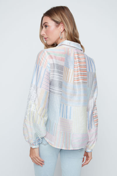 RENUAR - MULTI PRINT BLOUSE W/ EMBROIDERED TRIM SLEEVE - R5249-871