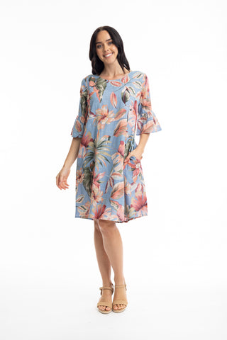 ORIENTIQUE - LUZON -ORGANIC COTTON -CONTEMPORARY FRILL SLEEVE DRESS - 71512