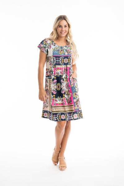 ORIENTIQUE - SOTAVENTO - ORGANIC COTTON  BORDER PRINT DRESS - 40047