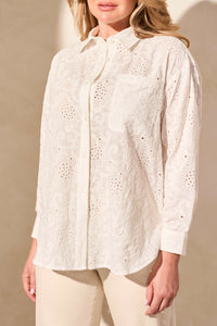 TRIBAL -WHITE  EYELET EMBROIDERED SHIRT - 5833O-5304